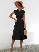 Button Up Cap Sleeve Midi Dress - Trendsi - Flyclothing LLC