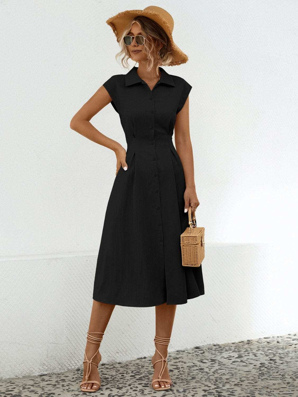 Button Up Cap Sleeve Midi Dress - Trendsi - Flyclothing LLC