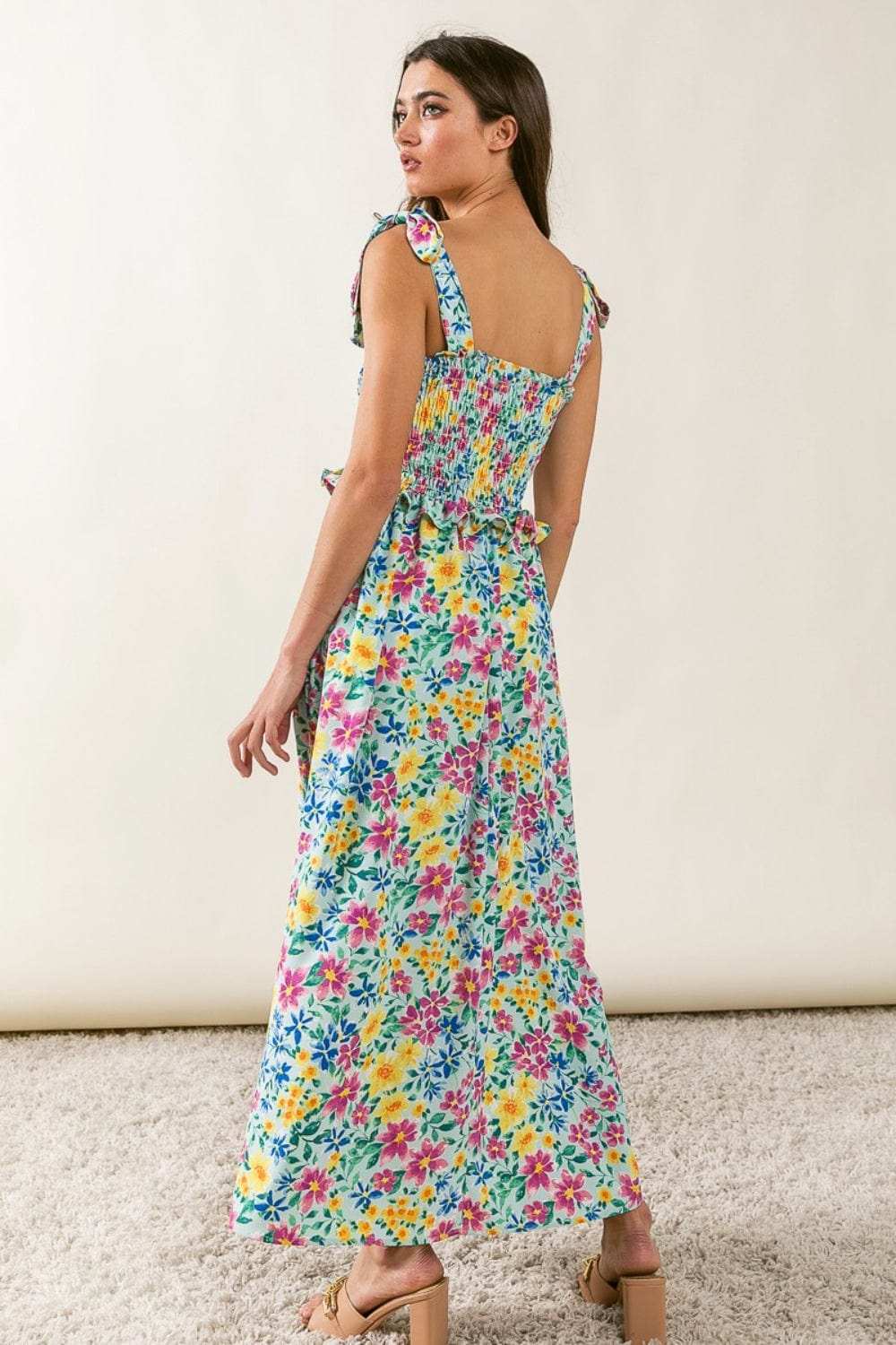 BiBi Floral Ruffle Trim Smocked Cami Dress - Trendsi - Flyclothing LLC