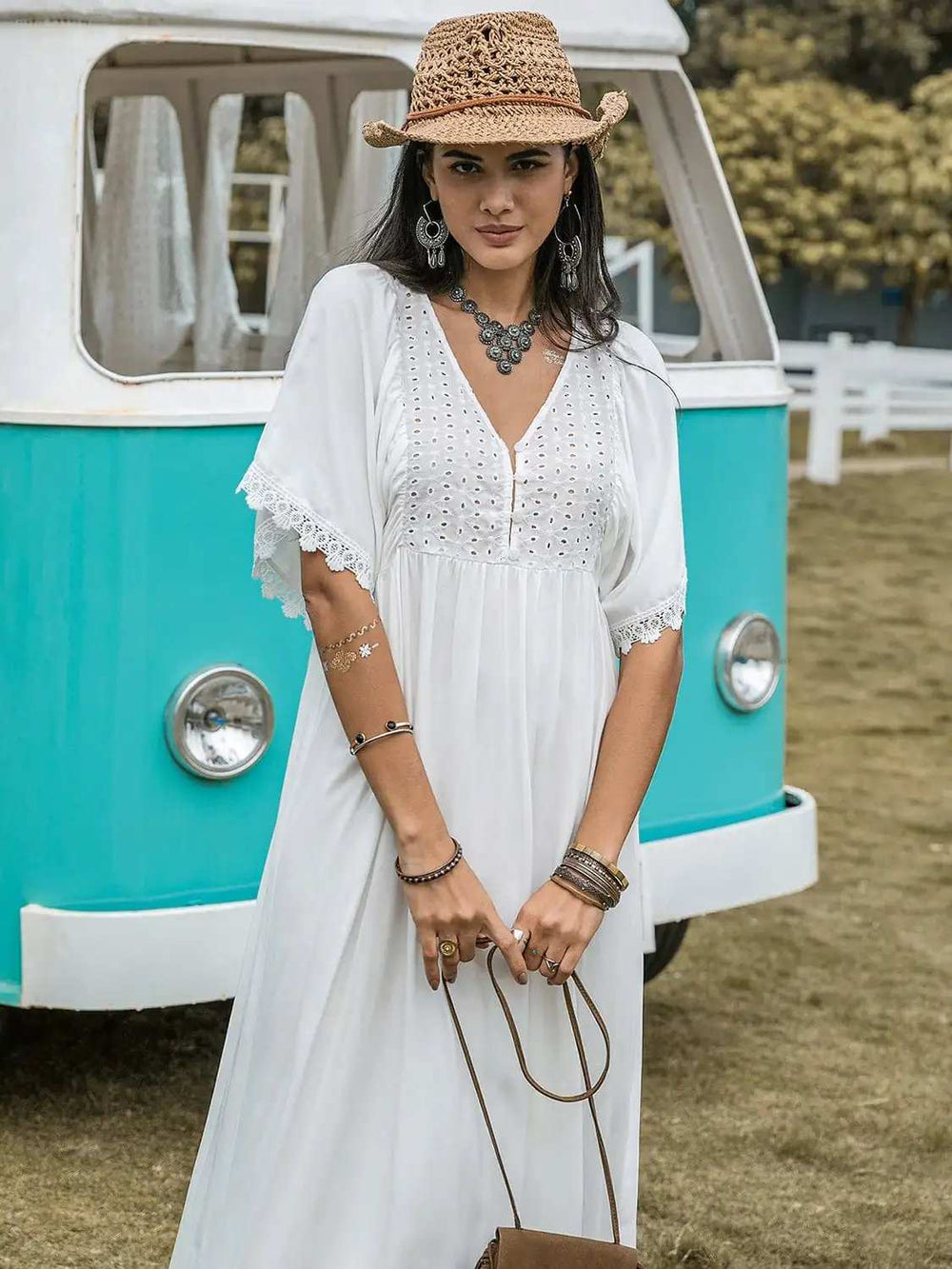 Lace Detail Eyelet V-Neck Half Sleeve Dress - Trendsi - Flyclothing LLC