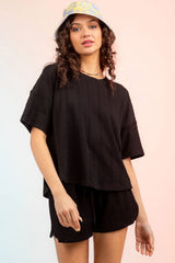 Textured Round Neck Top and Shorts Set - Trendsi