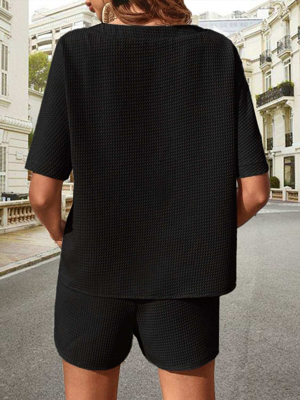 Waffle-Knit Half Sleeve Top and Shorts Set - Trendsi - Flyclothing LLC