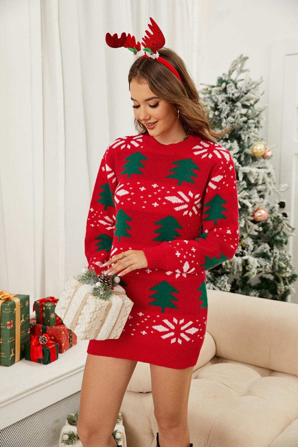 Christmas Tree Round Neck Sweater Dress - Trendsi - Flyclothing LLC
