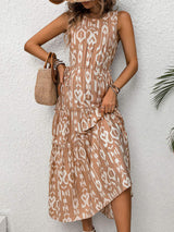 Frill Cutout Printed Round Neck Sleeveless Dress - Trendsi - Flyclothing LLC