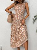 Frill Cutout Printed Round Neck Sleeveless Dress - Trendsi
