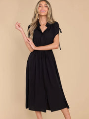 Drawstring Collared Neck Short Sleeve Midi Dress - Trendsi
