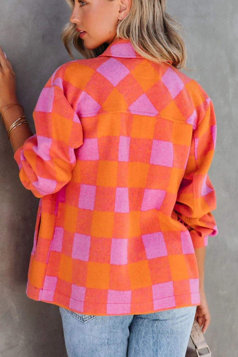 Plaid Collared Neck Button Up Jacket - Trendsi - Flyclothing LLC