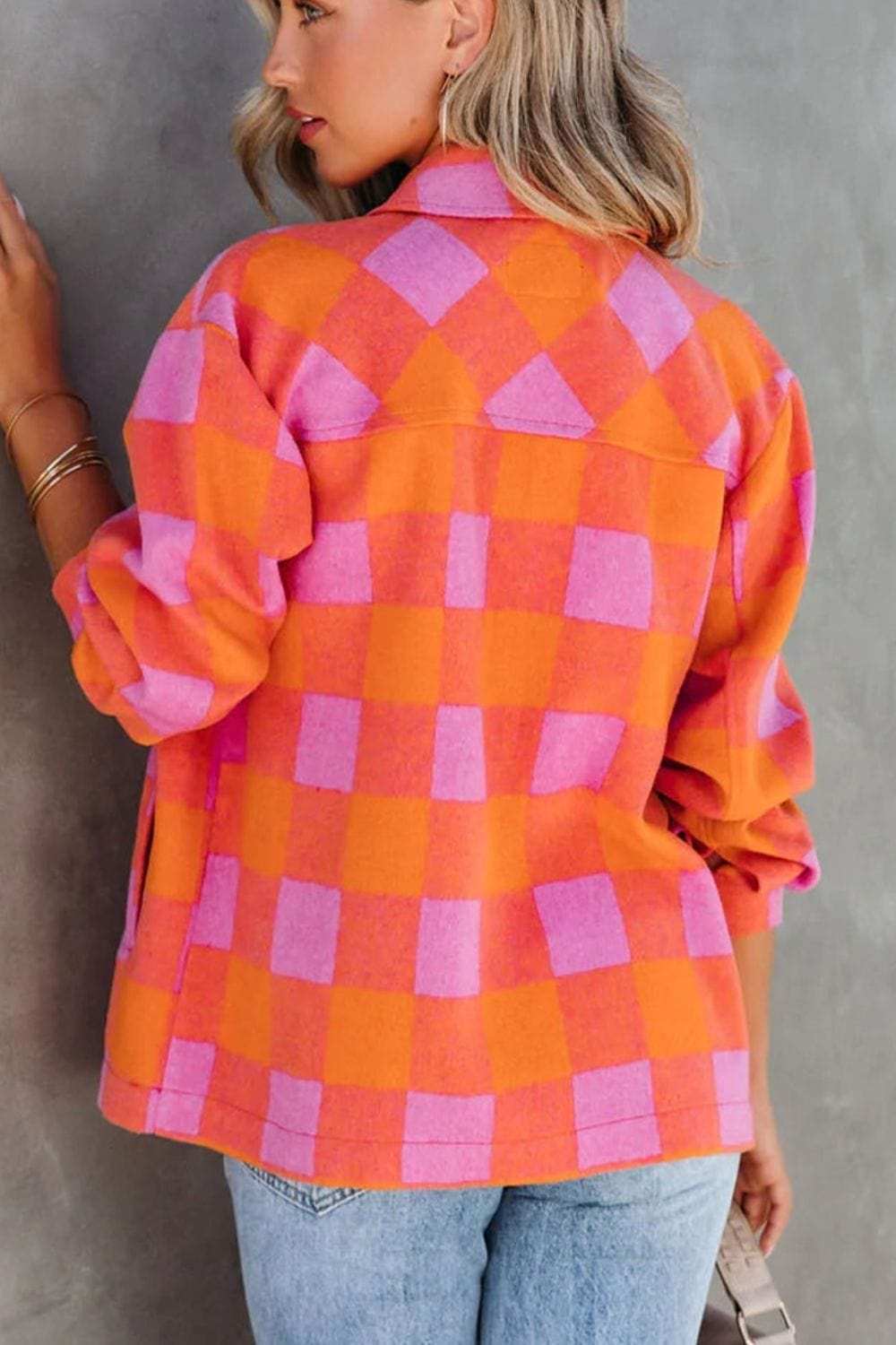 Plaid Collared Neck Button Up Jacket - Trendsi - Flyclothing LLC