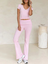 Devine V-Neck Top and Bootcut Leggings Set - Trendsi - Flyclothing LLC