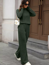 Ribbed Turtleneck Dropped Shoulder Top and Pants Sweater Set - Trendsi - Flyclothing LLC