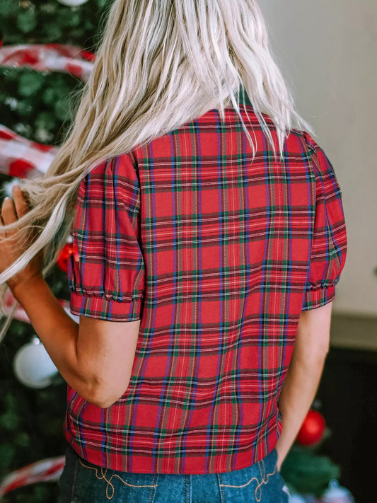 Plaid Notched Short Sleeve Blouse - Trendsi - Flyclothing LLC