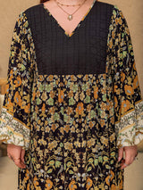 Plus Size Floral V-Neck Balloon Sleeve Midi Dress - Trendsi - Flyclothing LLC