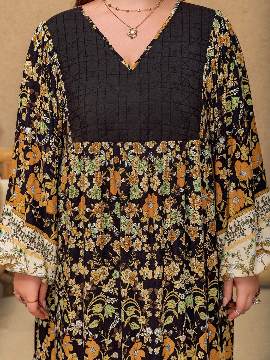 Plus Size Floral V-Neck Balloon Sleeve Midi Dress - Trendsi - Flyclothing LLC