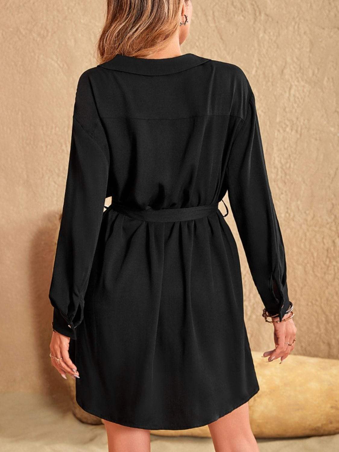 Collared Neck Long Sleeve Mini Dress - Trendsi - Flyclothing LLC