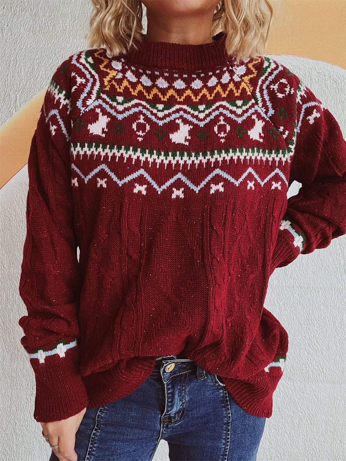 Cable-Knit Mock Neck Long Sleeve Sweater - Trendsi - Flyclothing LLC