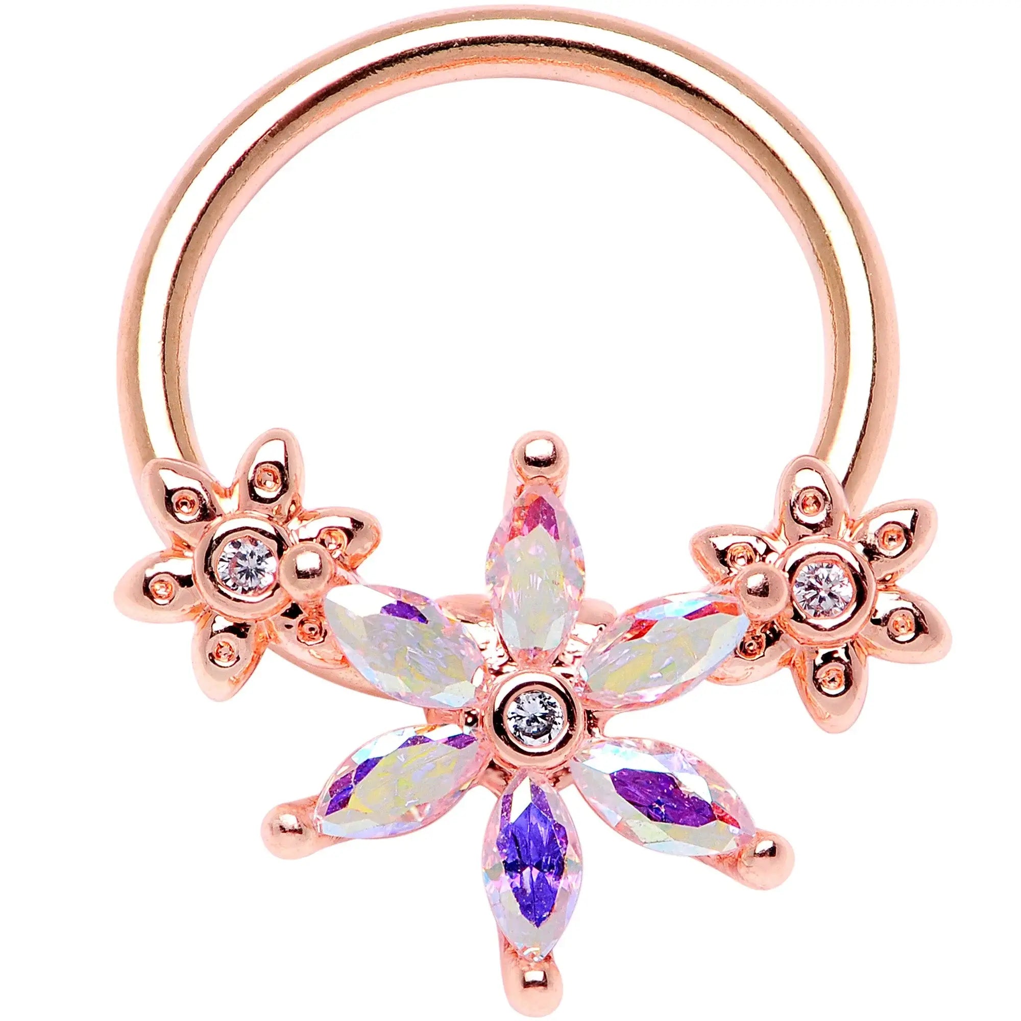 16G 3/8" Aurora CZ Gem Rose Gold Tone Flower BCR Captive Ring - BodyCandy - Flyclothing LLC