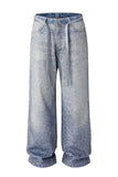 Men's Washed Rhinestone Jeans with Rhinestone Belt - Trendsi