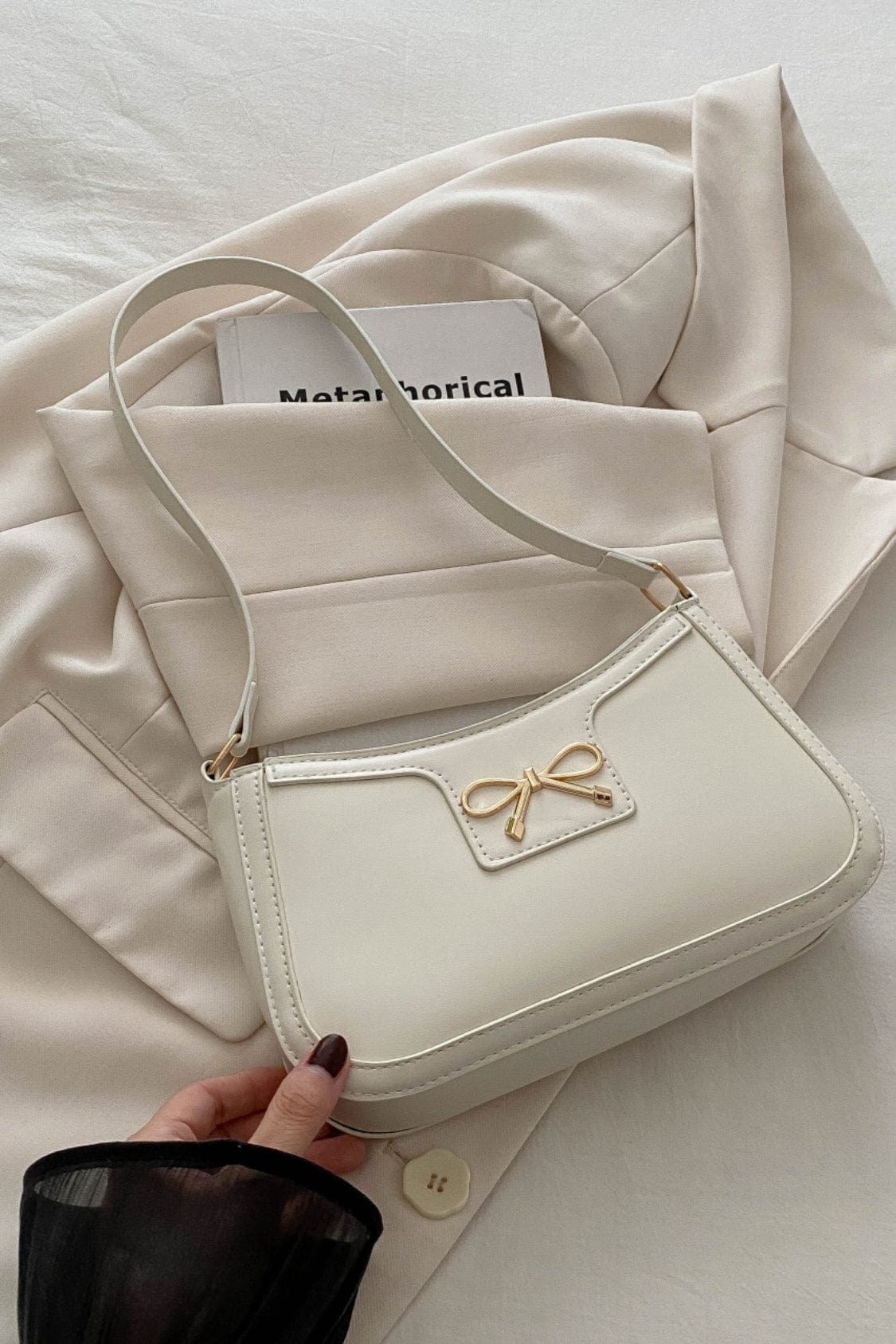 Bow Trim PU Leather Shoulder Bag - Trendsi