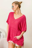 BiBi Distressed Hem V-Neck Slit Sweater - Trendsi - Flyclothing LLC