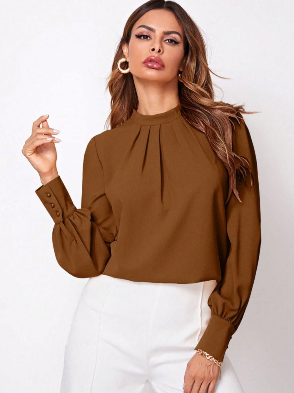 Ruched Mock Neck Long Sleeve Blouse - Trendsi