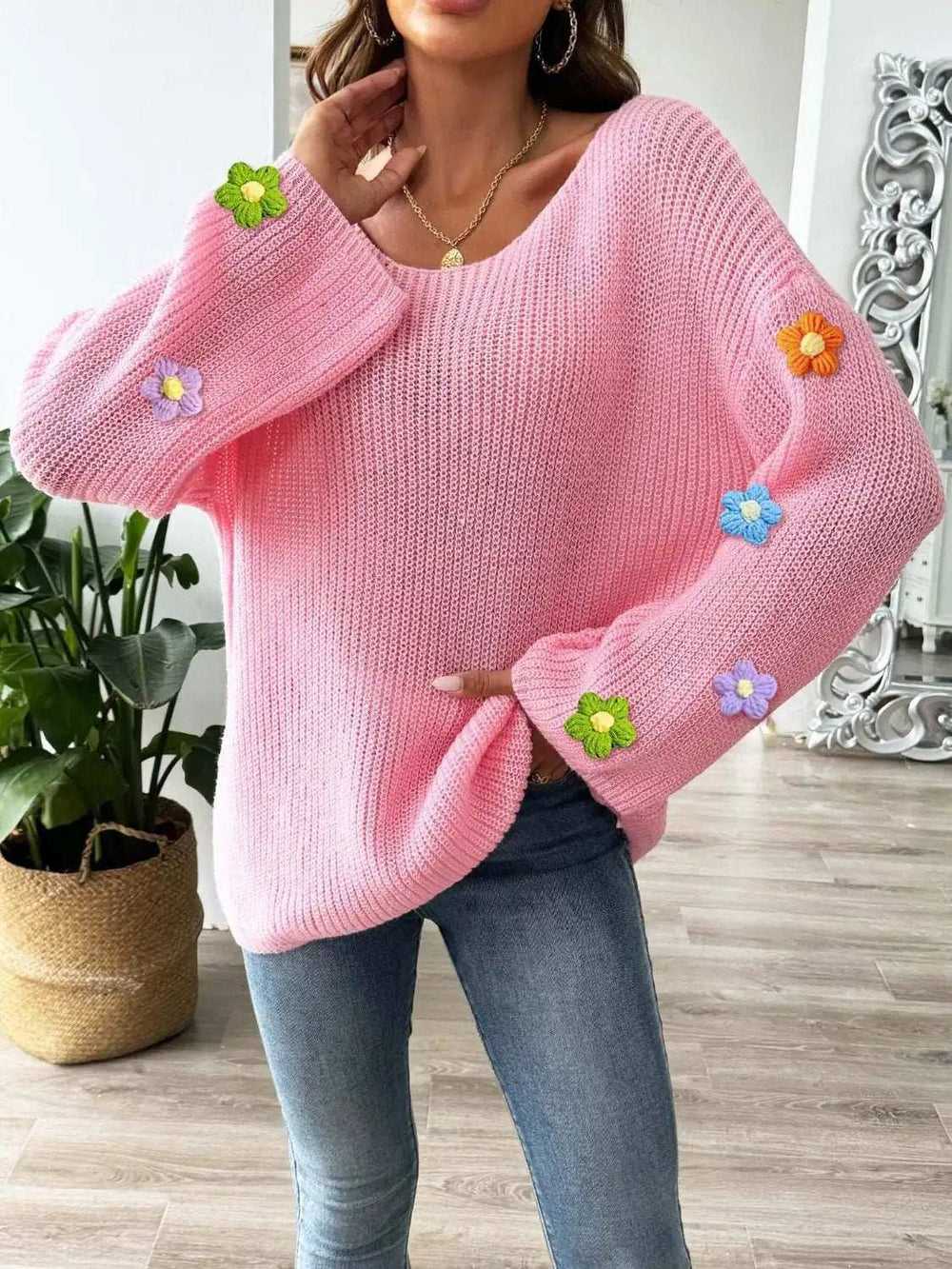 Flower Round Neck Long Sleeve Sweater - Trendsi - Flyclothing LLC
