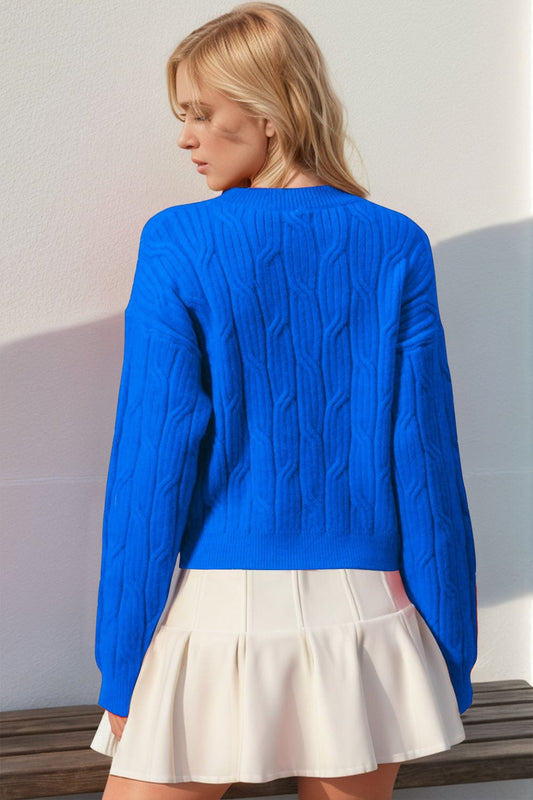 Double Take Full Size Bow Cable-Knit Round Neck Sweater - Trendsi