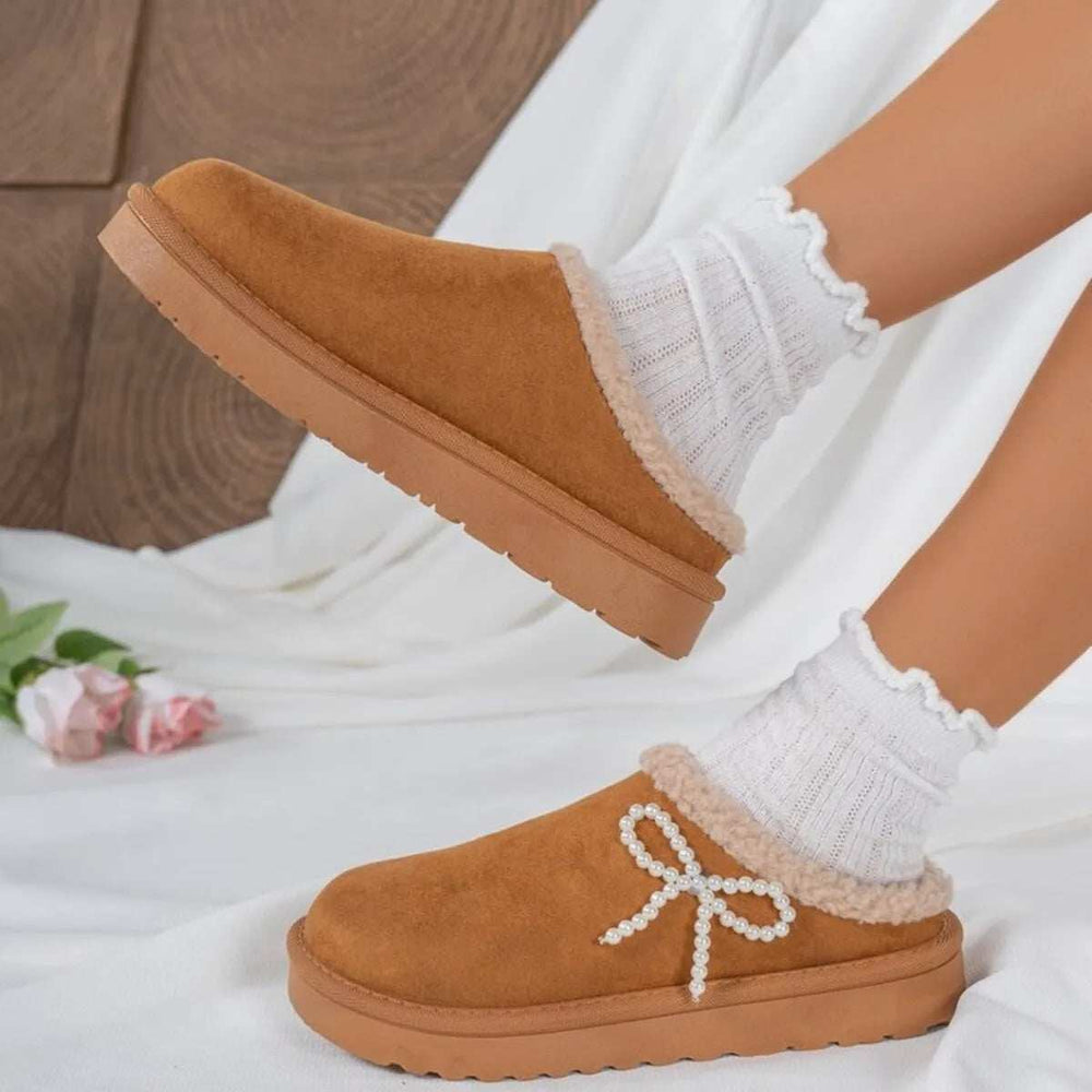 Pearl Bow Round Toe Slippers - Trendsi - Flyclothing LLC