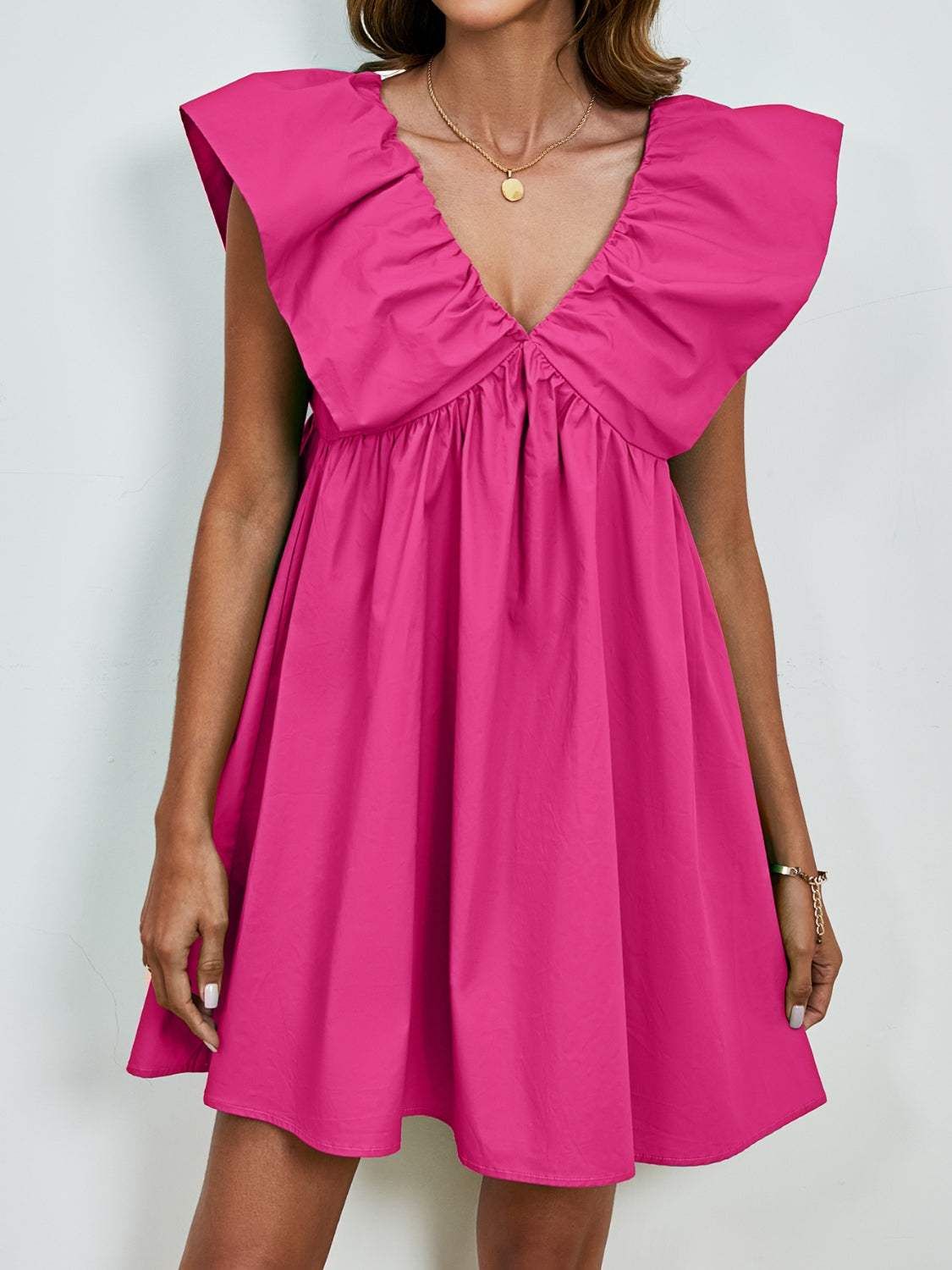 V-Neck Cap Sleeve Mini Dress - Trendsi - Flyclothing LLC