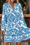 Ruffled Printed Notched Long Sleeve Dress - Trendsi