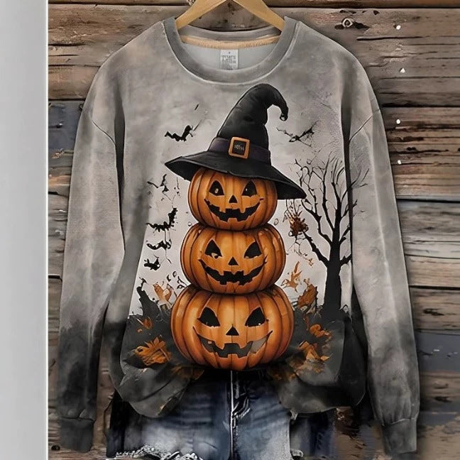 Women's Long-sleeve Crew-neck Halloween-print Hoodie