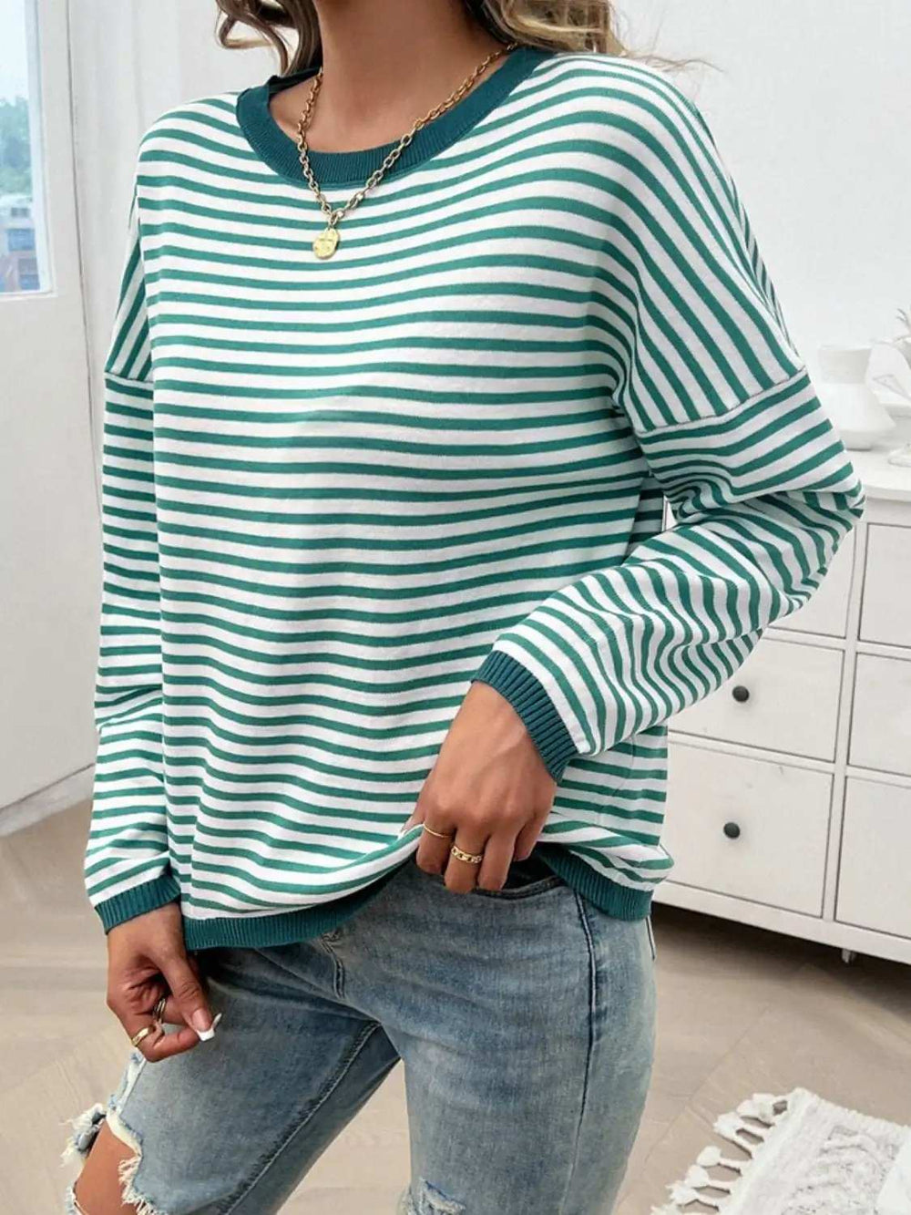 Striped Round Neck Dropped Shoulder Sweater - Trendsi - Flyclothing LLC