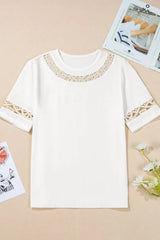 Lace Crochet Crew Neck Casual T Shirt - Trendsi - Flyclothing LLC