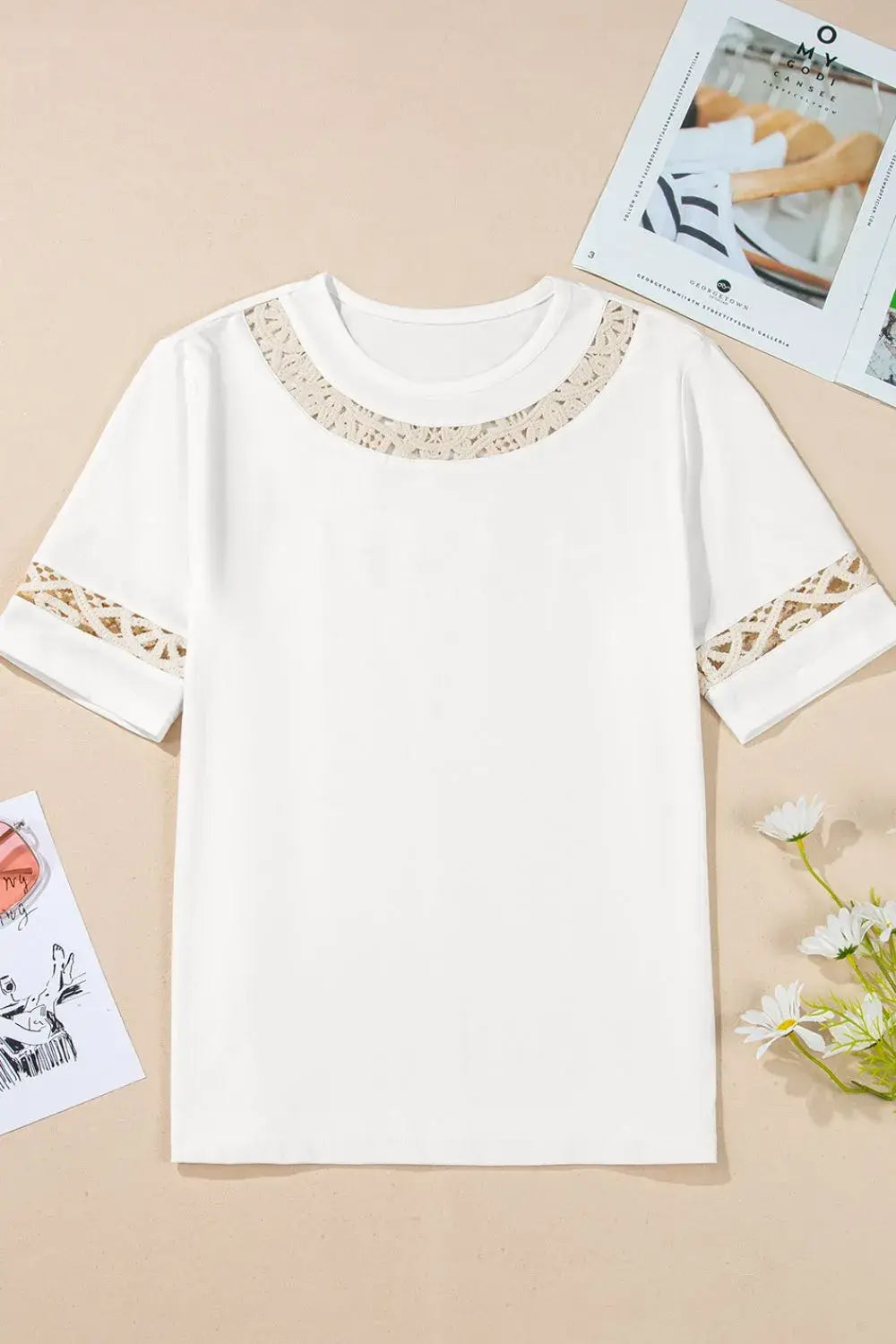 Lace Crochet Crew Neck Casual T Shirt - Trendsi - Flyclothing LLC