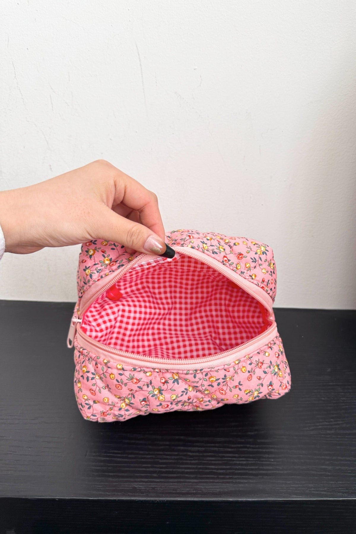 Floral Quilted Clutch with Plaid Lining - Trendsi