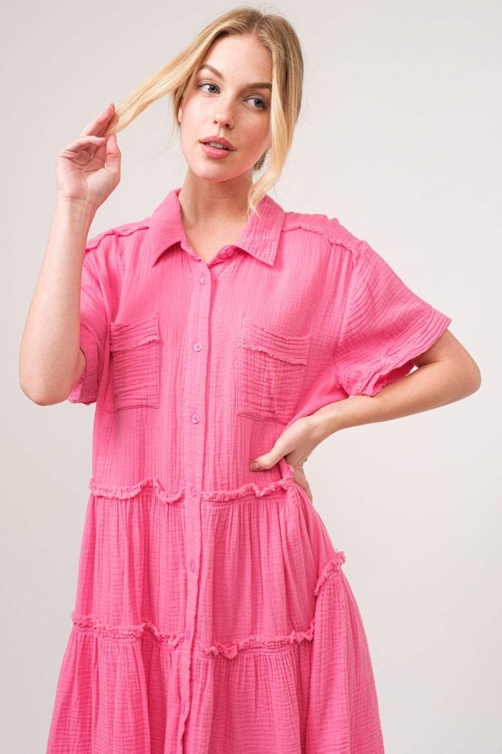 And The Why Full Size Raw Edge Washed Tiered Shirt Dress - Trendsi - Flyclothing LLC
