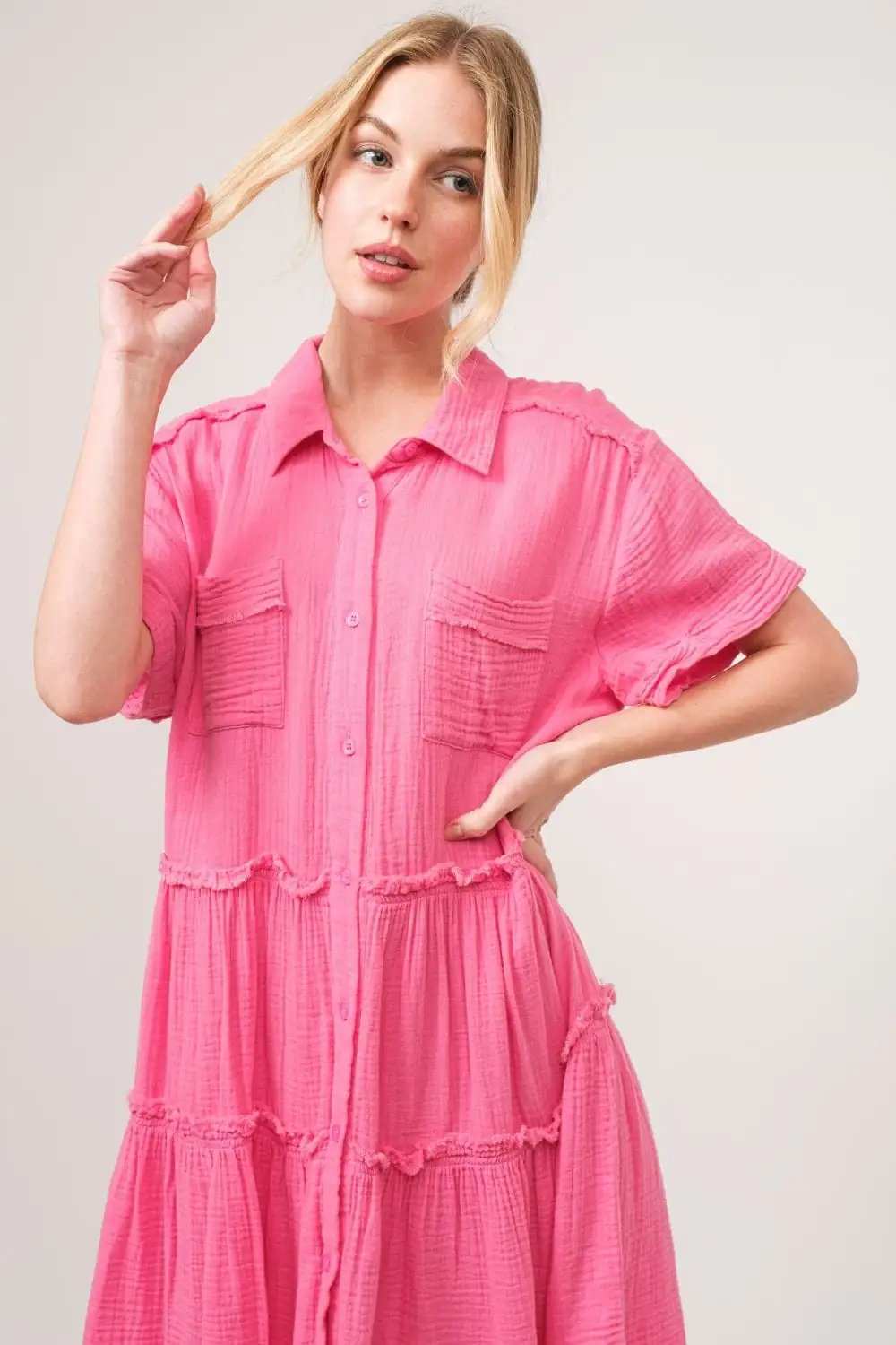 And The Why Full Size Raw Edge Washed Tiered Shirt Dress - Trendsi - Flyclothing LLC
