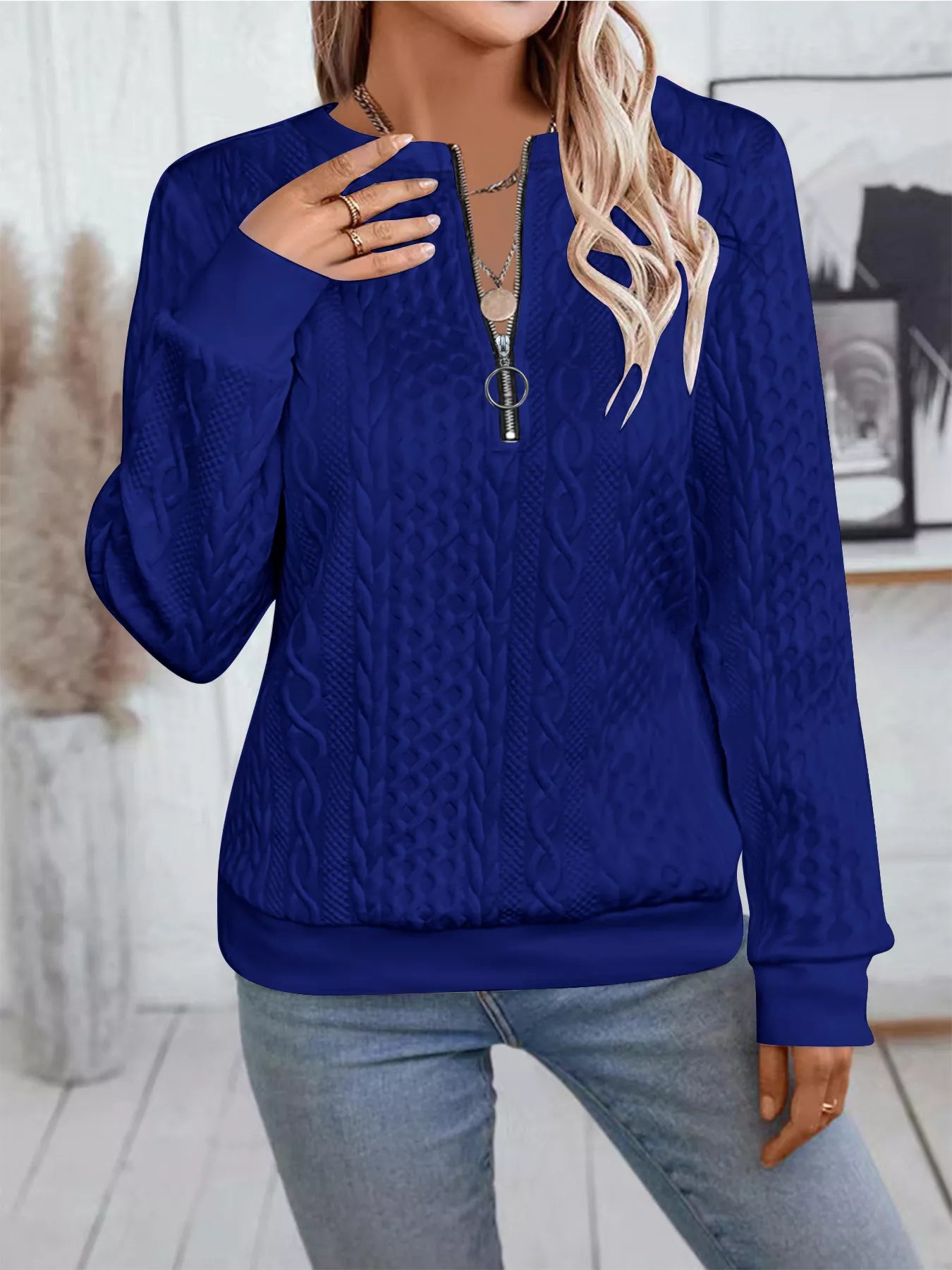 Chic Cable Texture Quarter-Zip Sweatshirt - Trendsi - Flyclothing LLC