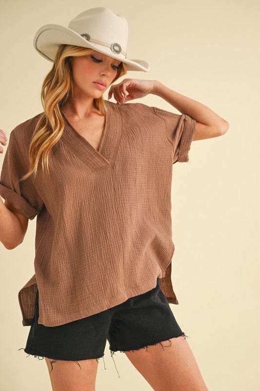 Aemi + Co Side Slit V-Neck Short Sleeve Blouse - Trendsi - Flyclothing LLC