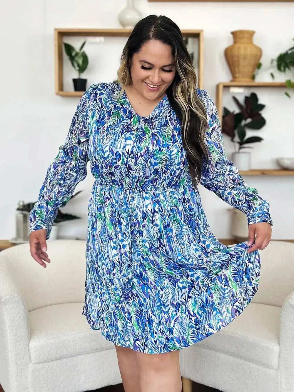Double Take Full Size Printed Drawstring Waist Long Sleeve Dress - Trendsi - Flyclothing LLC