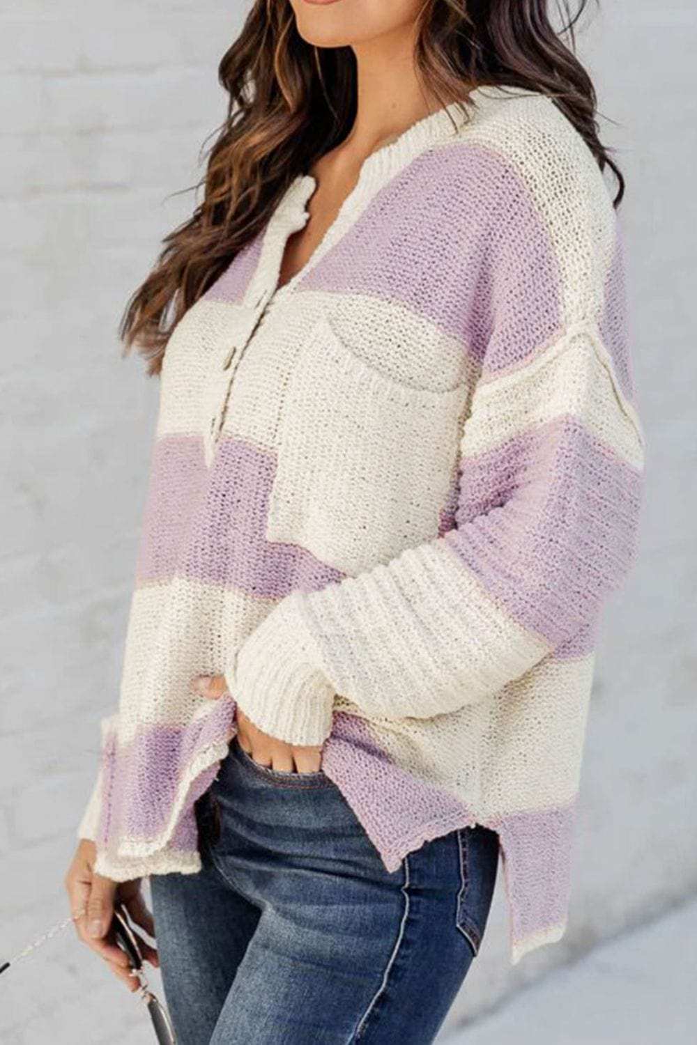 Striped Half Button Ribbed Sweater - Trendsi - Flyclothing LLC