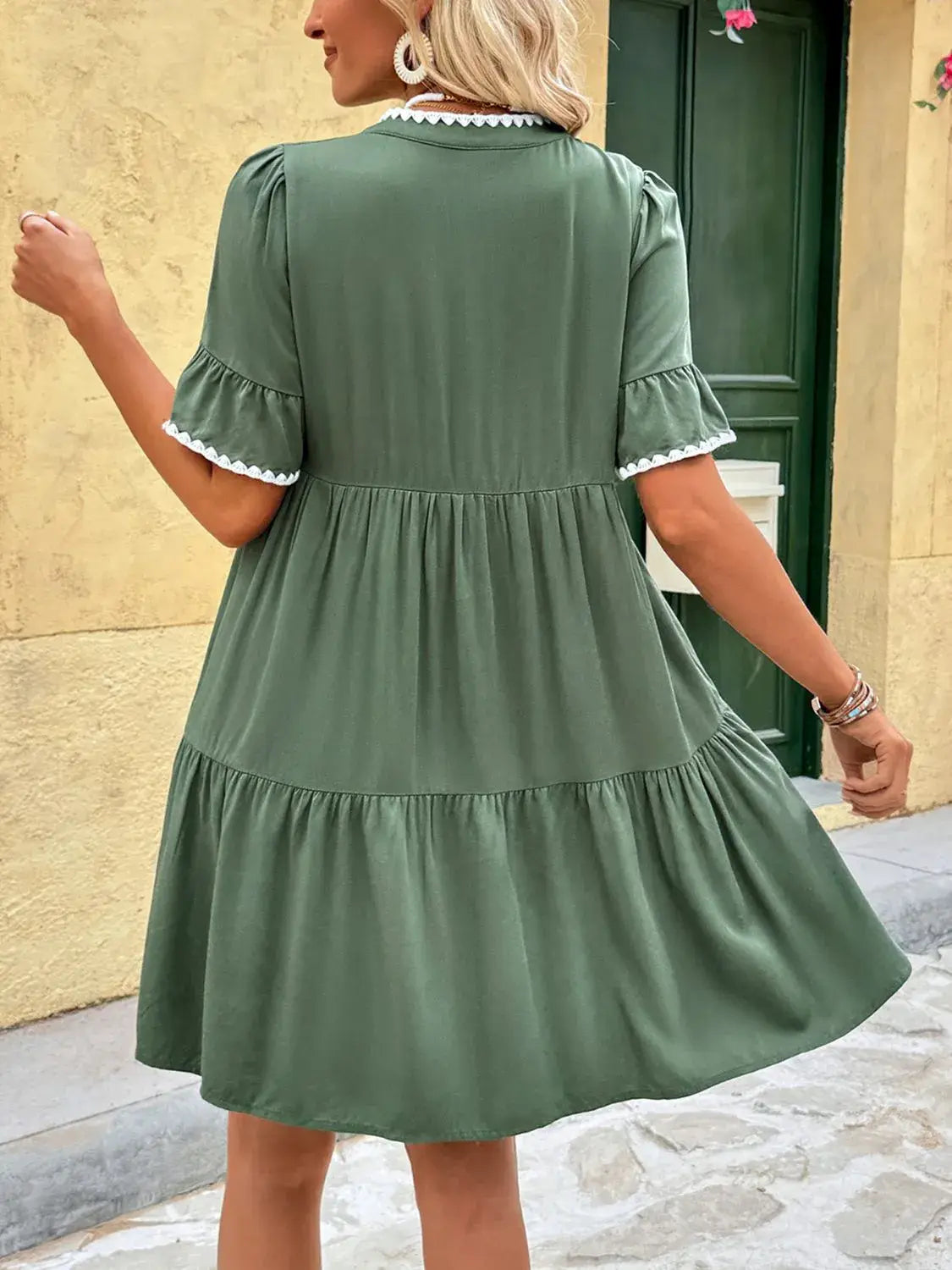 Lace Detail Notched Flounce Sleeve Mini Dress - Trendsi - Flyclothing LLC