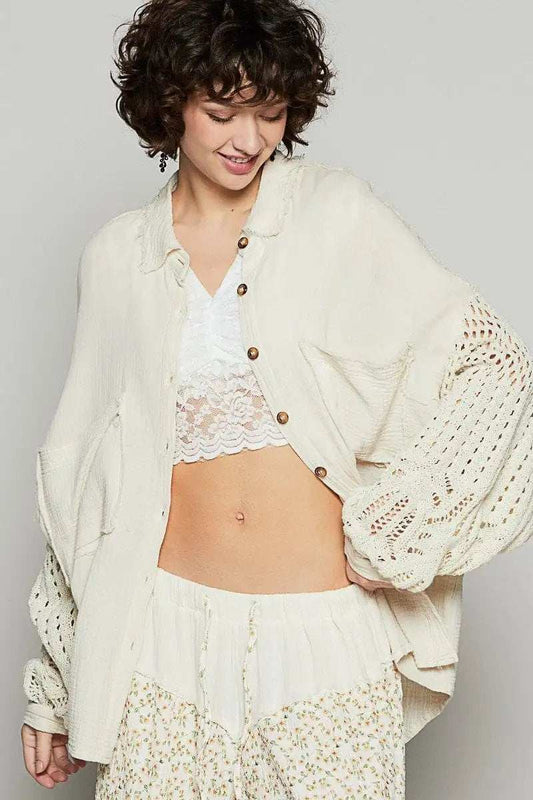 POL Openwork Lantern Sleeve Button Down Gauze Shirt - Trendsi - Flyclothing LLC