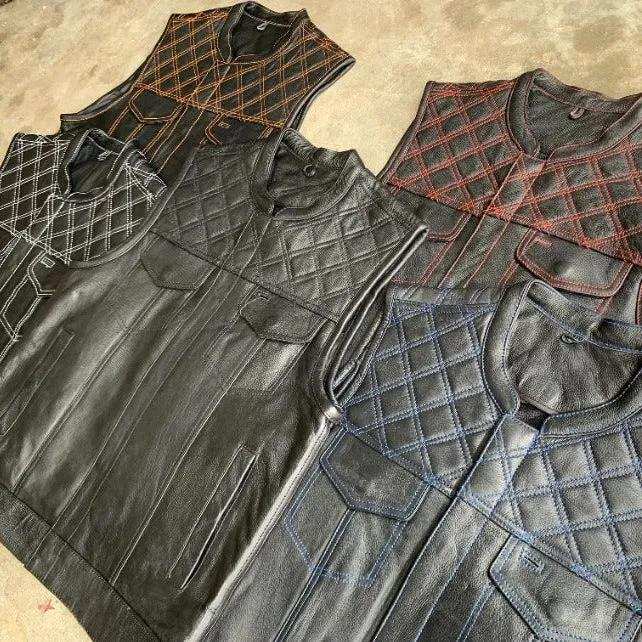 Red Diamond - Mens Premium Leather Diamond Stitch Club Vest - Unik Just for Bikers - Flyclothing LLC
