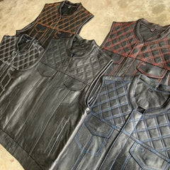6671.01 - Unik Mens Premium Leather Diamond Stitch Club Vest