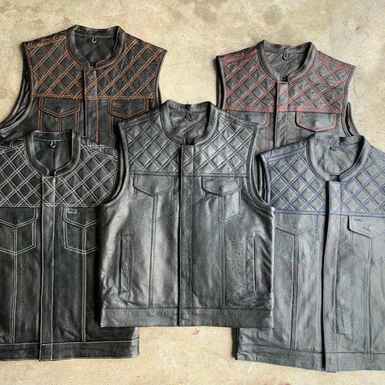 Red Diamond - Mens Premium Leather Diamond Stitch Club Vest - Unik Just for Bikers - Flyclothing LLC