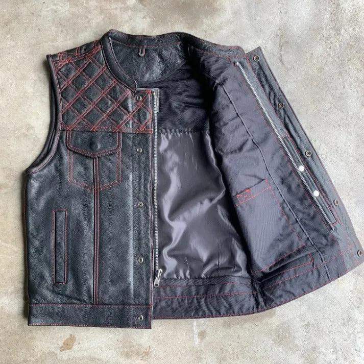 Red Diamond - Men's Club Style Leather Motorcycle Vest - Unik Just for Bikers - Flyclothing LLC