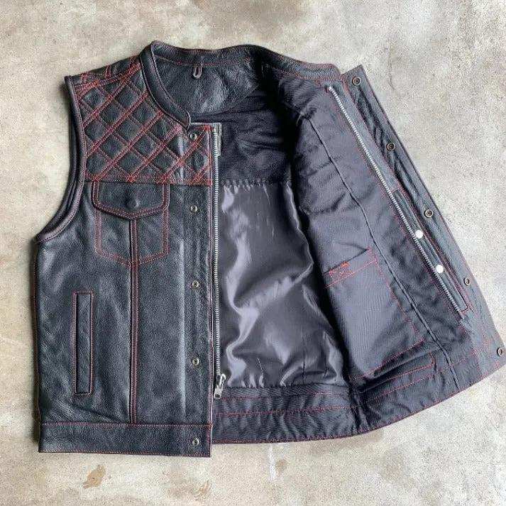 Red Diamond - Mens Premium Leather Diamond Stitch Club Vest - Unik Just for Bikers - Flyclothing LLC