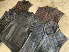 6671.14 - Unik Mens Premium Leather Diamond Stitch Club Vest