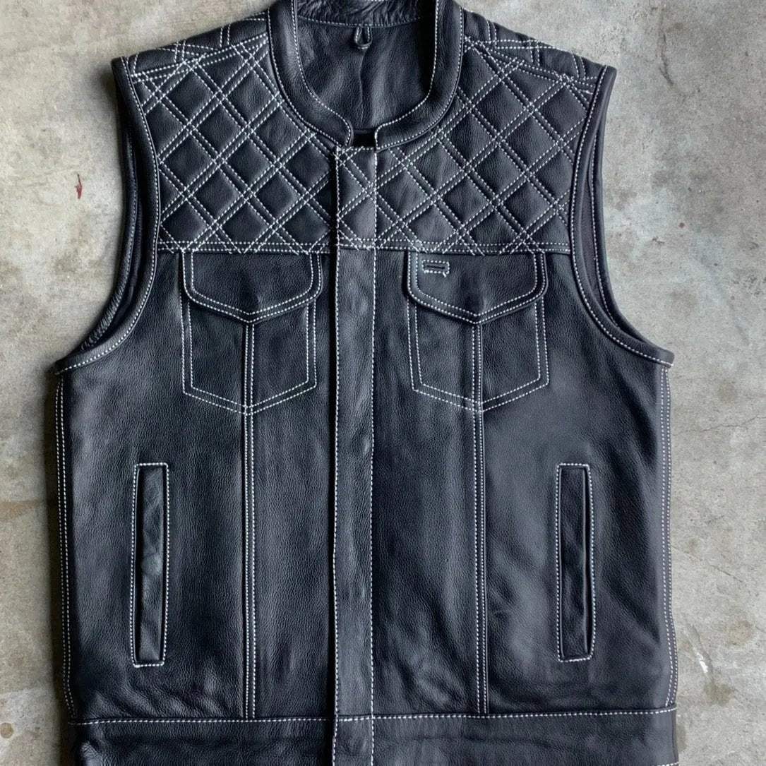 White Diamond - Men's Club Style Leather Motorcycle Vest - Unik Just for Bikers - Flyclothing LLC