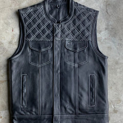 6671.14 - Unik Mens Premium Leather Diamond Stitch Club Vest